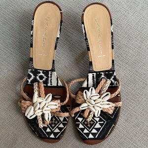 Casadei Brown Black White Patterned Slide Mules with Shell Flower
